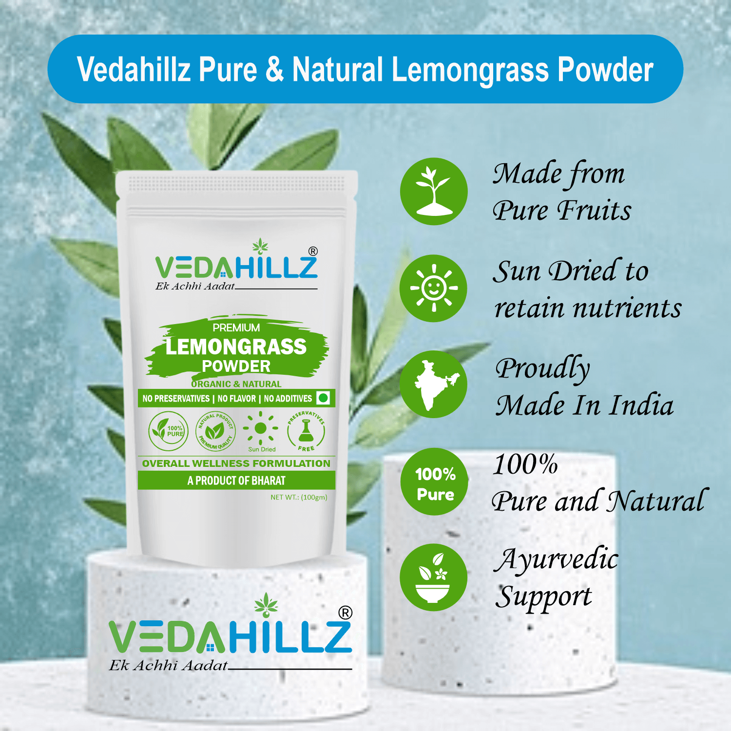 Vedahillz Lemongrass Powder for Tea and Wellness Made from Premium Lemongrass